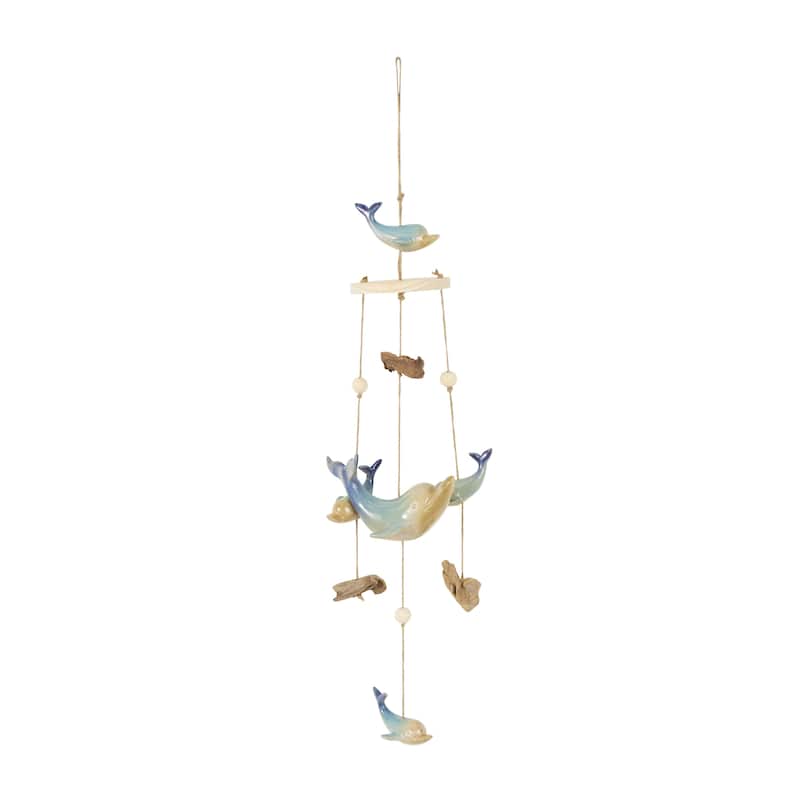 Ceramic Whale Handmade Ombre Windchime with Driftwood and Bead Accents - Blue - Roche River Decor