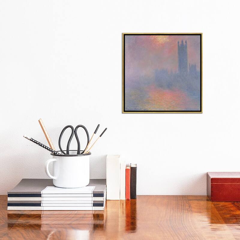 iCanvas "The Houses of Parliament, London, with the sun breaking through the fog, 1904 " by Claude Monet Framed Canvas Print