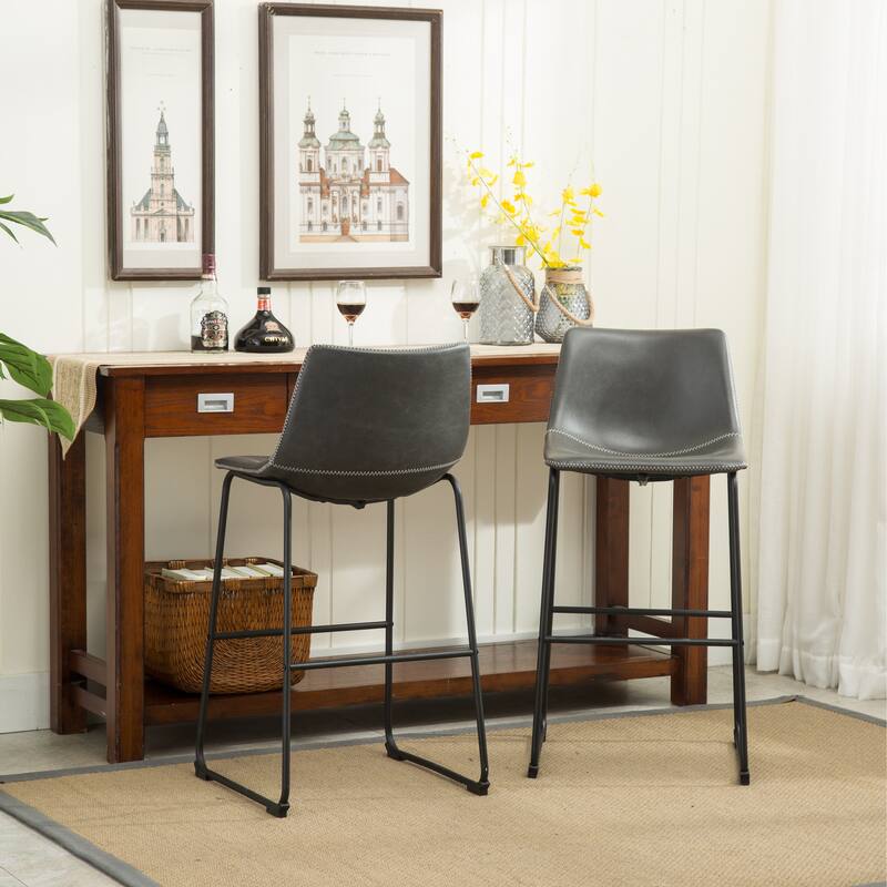 Vintage PU Leather Bar Stools with Footrest, Set of 2 - Antique Grey