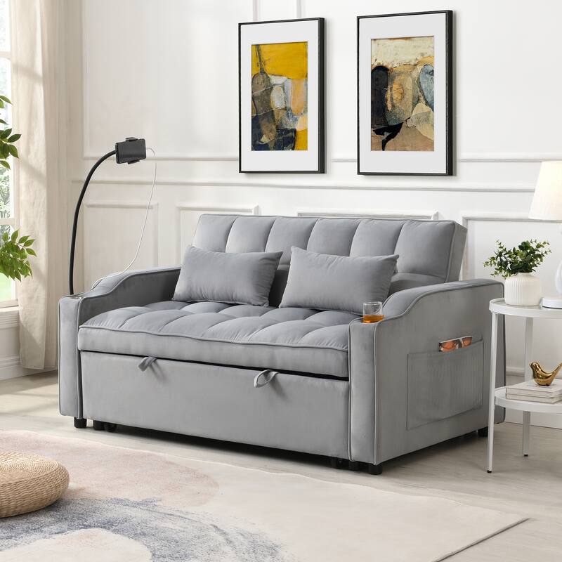 3 in 1 Velvet Convertible Sofa Bed with Pillows and Pockets