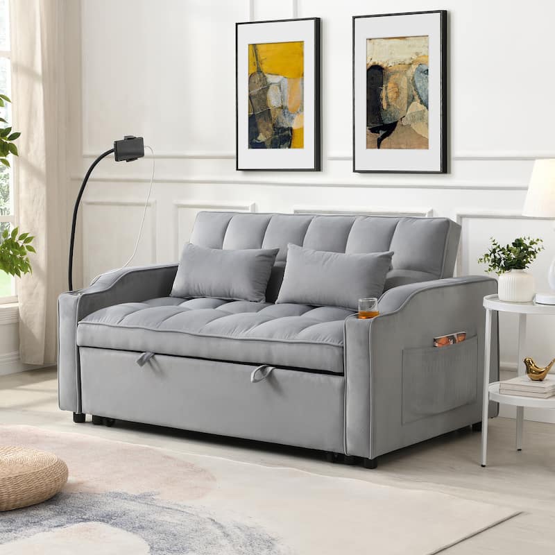 Anmytek 3-in-1 Convertible Velvet Loveseat Sleeper Sofa Pullout Bed Adjustable Backrest - Light Gray