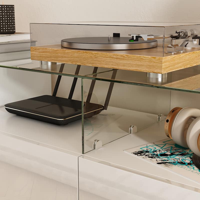Modern TV Stand Matte Body High Gloss Doors with Color LED TV Console