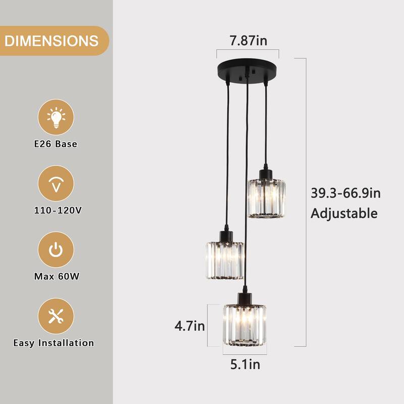 3-Light Modern Metal Hanging Pendant Light Ceiling Light Chandelier with Crystal Cover for Kitchen Island