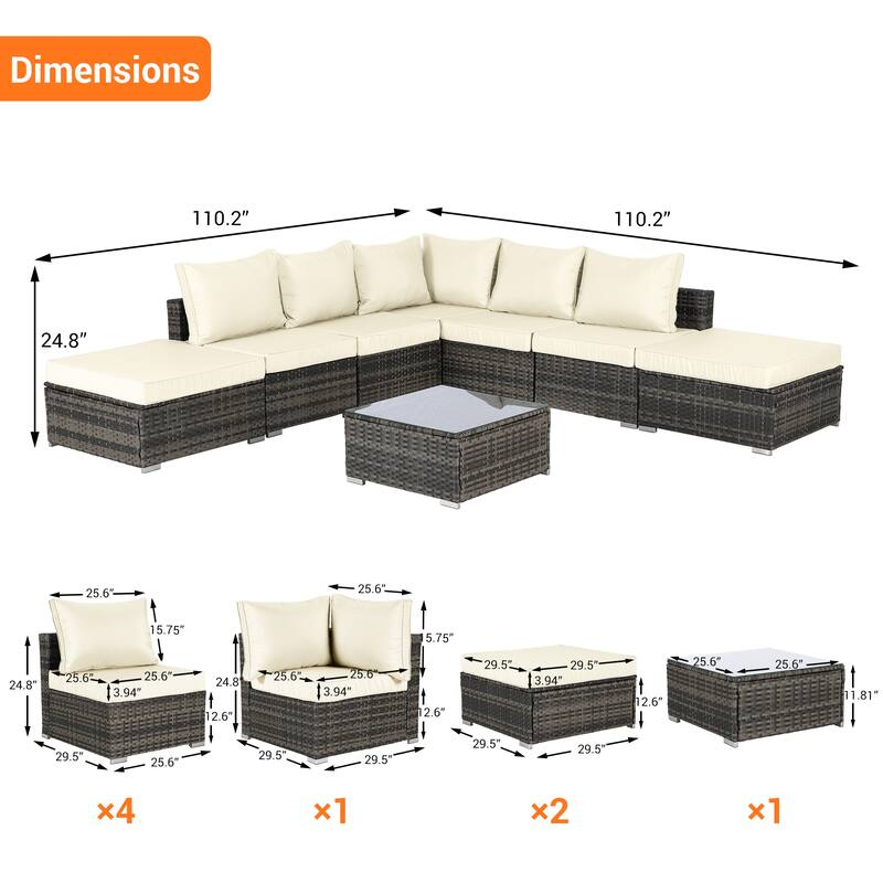 8-Pieces Outdoor Patio Sectional Sofa Set with Washable Cushions & Glass Coffee Table