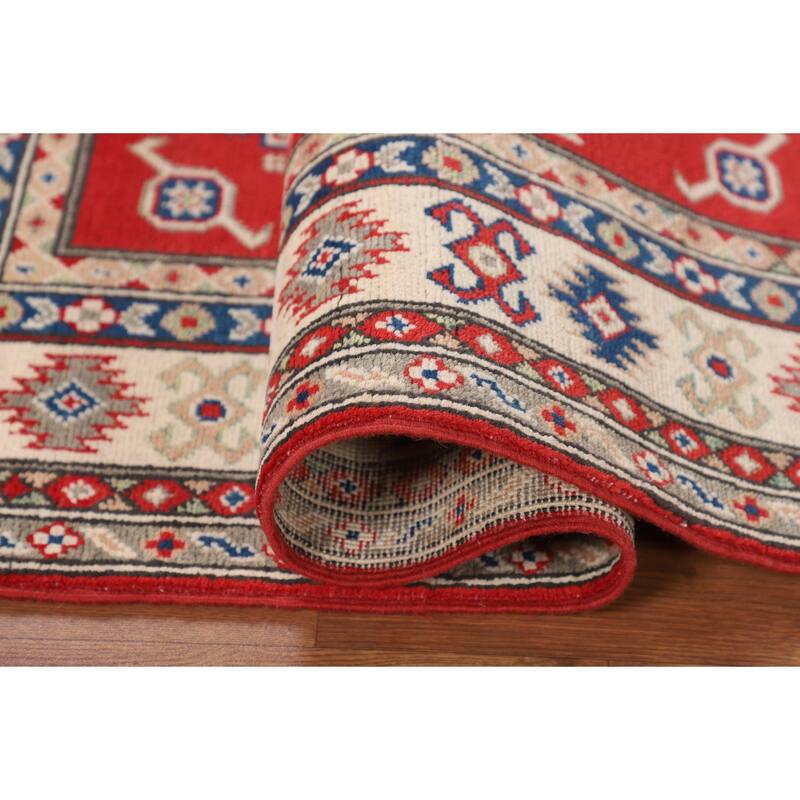 Geometric Red Kazak Accent Rug Handmade Oriental Wool Carpet - 3'3" x 4'10"