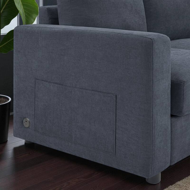 84.6" Modern L-Shaped Sectional Sofa with Curved Chaise Lounge, USB Ports and Storage Pockets, Chenille Couch for Living Room