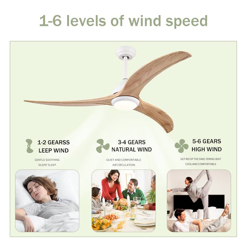 52"Ceiling Fan, Solid Wood Blades Ceiling Fan With Light with Remote Control,Noiseless Reversible Motor,6 Speed,3 Color