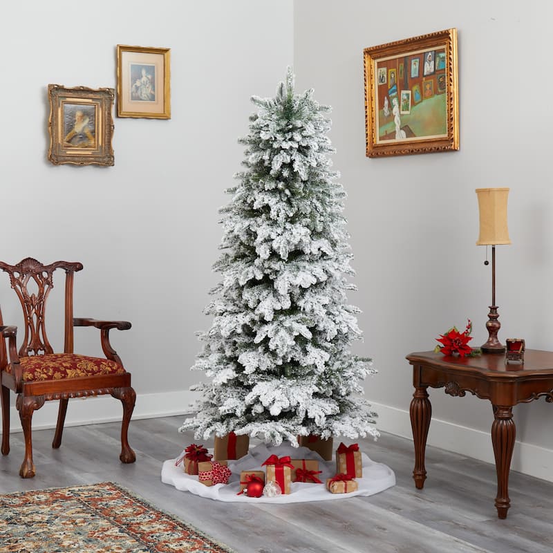 6' Flocked North Carolina Fir Artificial Christmas Tree with 450 Warm White Lights and 1560 Bendable Branches