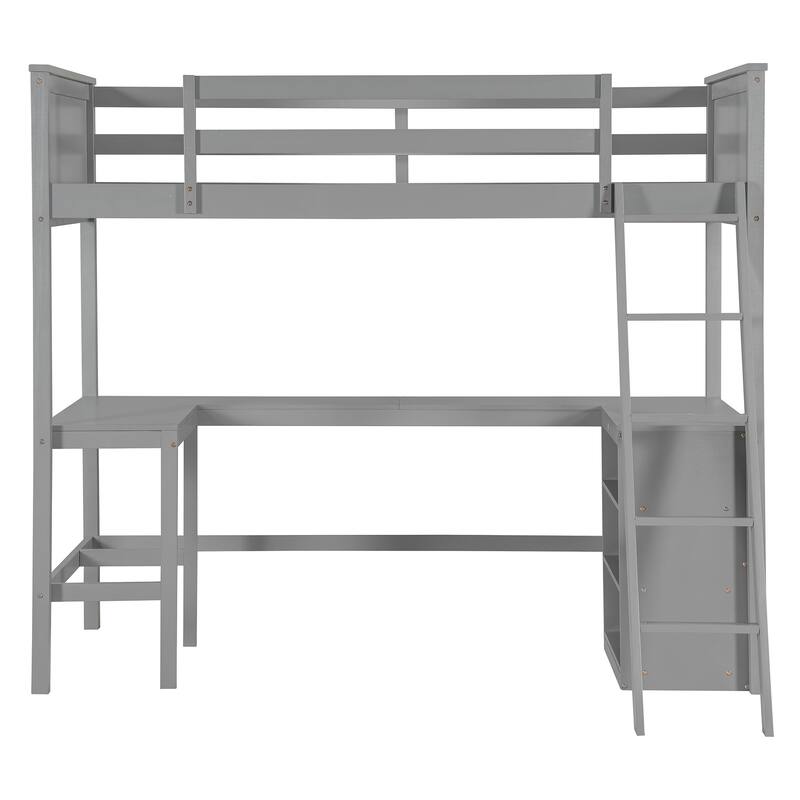 Roomfitters Twin Size Loft Bed with Shelves and Desk, Wooden Loft Bed with Desk