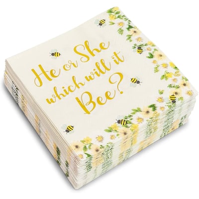 Bee Gender Reveal Party Supplies, Paper Napkins (5 x 5 In, 50 Pack)