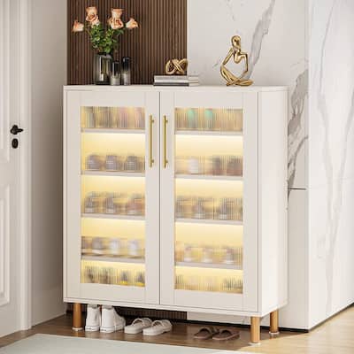 5-Tier Wood Shoe Rack with Acrylic Doors and LED Light for Entryway