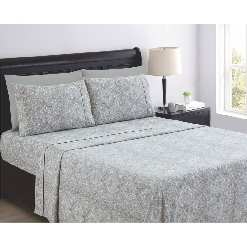SL SPIRIT LINEN HOME EST. 1988 Paisley 6pc Sheet Set - Microfiber 90GSM - Queen - Light Grey