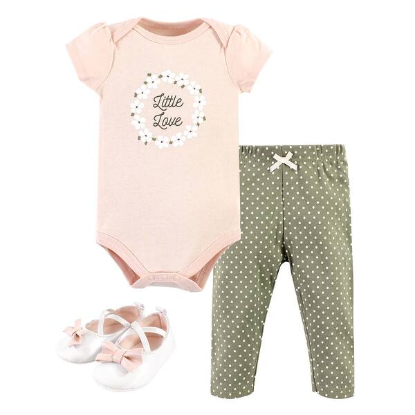 slide 1 of 1, Hudson Baby Infant Girl Cotton Bodysuit, Pant and Shoe Set, Sage Floral Wreath Short Sleeve Newborn - Sage Floral Wreath Short Sleeve