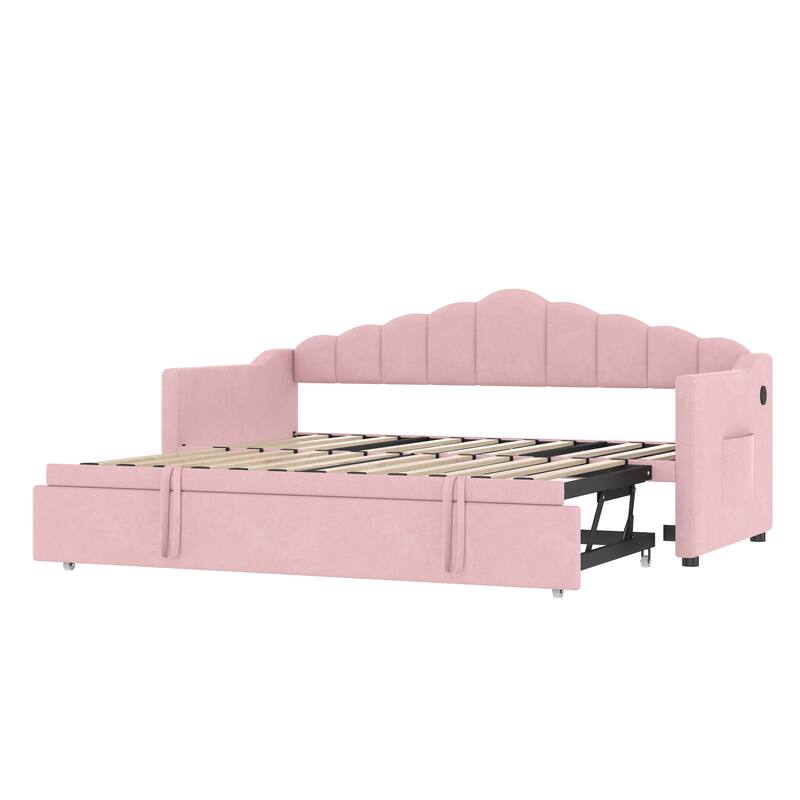 Upholstered Twin Size Daybed with Pop-Up Trundle and Charging Station