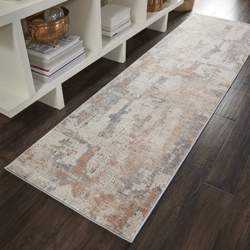 Rustic Textures Vintage Abstract Modern Area Rug - 2'2" x 7'6" Runner - Beige/Grey