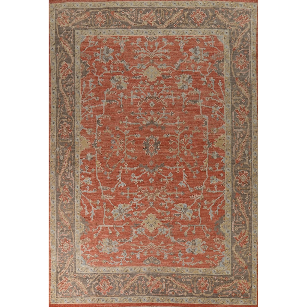 Hand Knotted Oriental 100% Wool Carpet Transitional All-Over Oranges & Rust Oushak Area Rug - 12' 7'' X 9' 0''