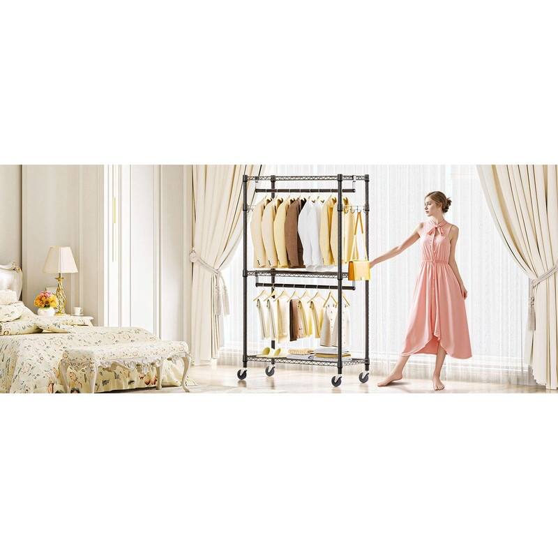 Heavy Duty Rolling Garment Rack with Wheels, 3-Tier Adjustable Wire Shelving, Clothes Rack with 2 Rods & Side Hooks