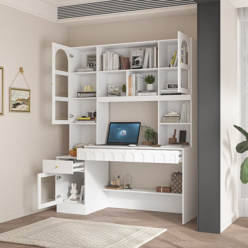 Home Office Bookshelf Spacious Multi-Section Workstation Desk - 62.4"x79.1“