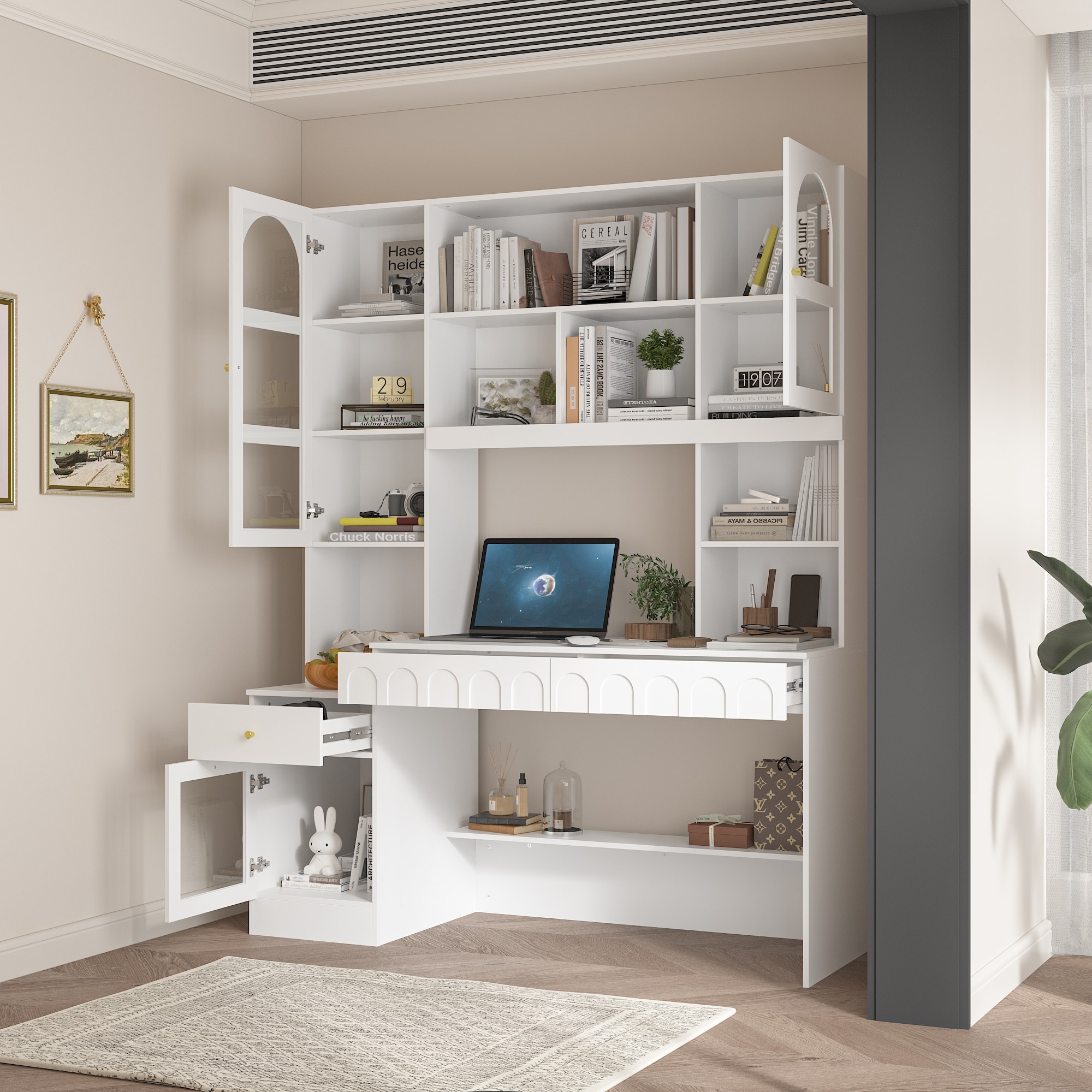 Home Office Bookshelf Spacious Multi-Section Workstation Desk - 62.4"x79.1“