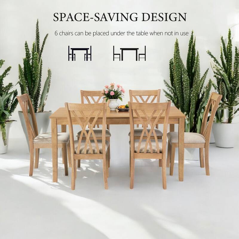 Modern 7-Piece Dining Table Set with 6 Wooden Chairs, 60" Rectangular Oak Table, Solid Wood Kitchen & Dining Room Furniture