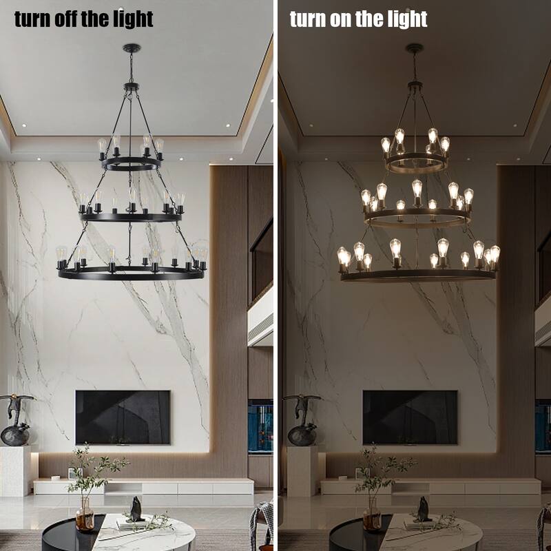 27-Light Wheel Chandelier, Three-Tier Round Ceiling Lighting, Black Living Room Hanging Ceiling Lighting Fixtures