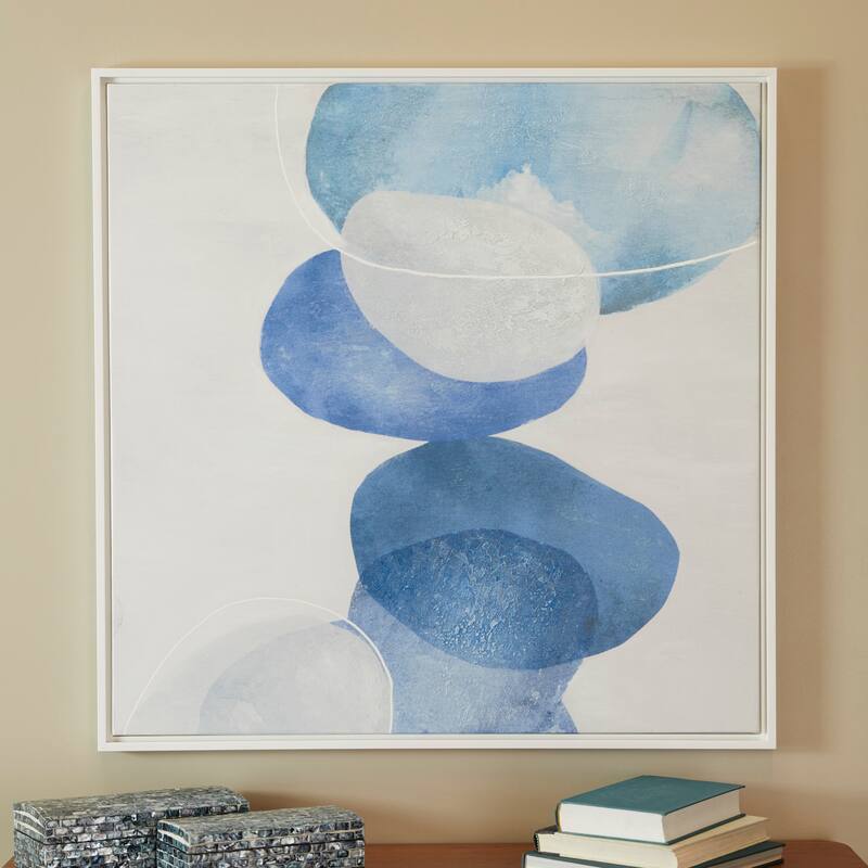 Blue Canvas Overlapping Circle Abstract Framed Wall Art with White Frame - 1.10 x 37.00 x 37.00