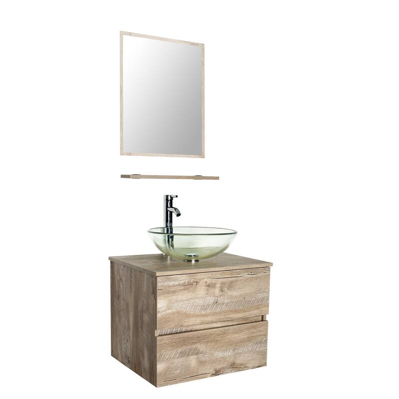 eclife 24" Wall Mounted Bathroom Vanity Ceramic Tempered Glass Sink Combo Natural 2 Drawers Cabinet Vanity Set