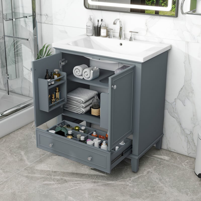 Modern 30" Freestanding Bathroom Vanity with Ceramic Sink, 2 Doors, and Adjustable Storage Shelf