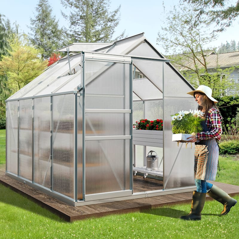 Moasis 6'W X 4/6/8/10/12/16'D Dual-wall PC Walk-in Hobby Greenhouse with Aluminum Frame - 6'W X 8'D