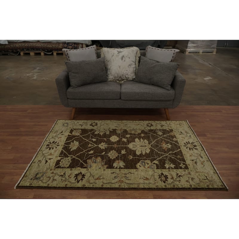 Hand Knotted Oriental 100% Wool Carpet Transitional Floral Brown Oushak Area Rug - 6' 0'' X 4' 1''