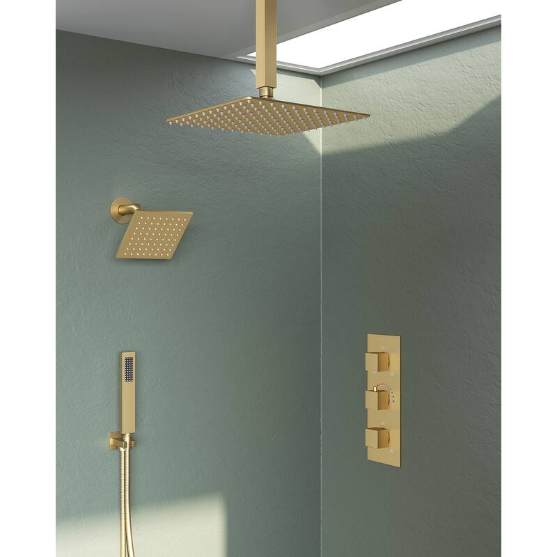 GRANDJOY 12" Ceiling-Mount Shower System Rainfall Shower Head with Anti-Scald Valve - Brushed Gold