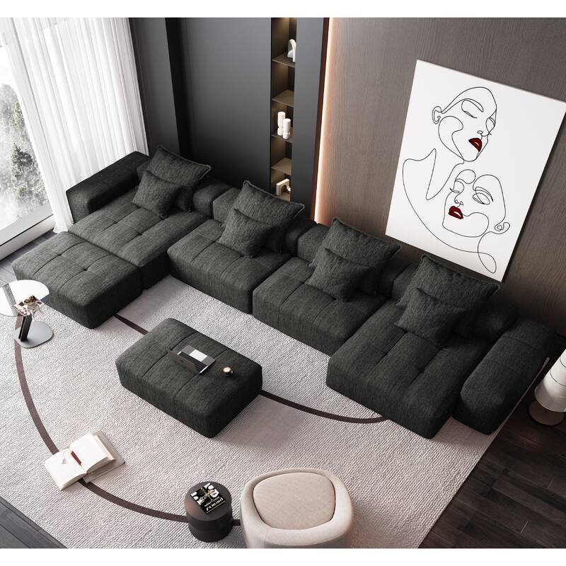 Modern Oversized Modular Sectional Sofa, Sparkling Chenille Fabric, 8 Pillows, No Assembly, BLACK