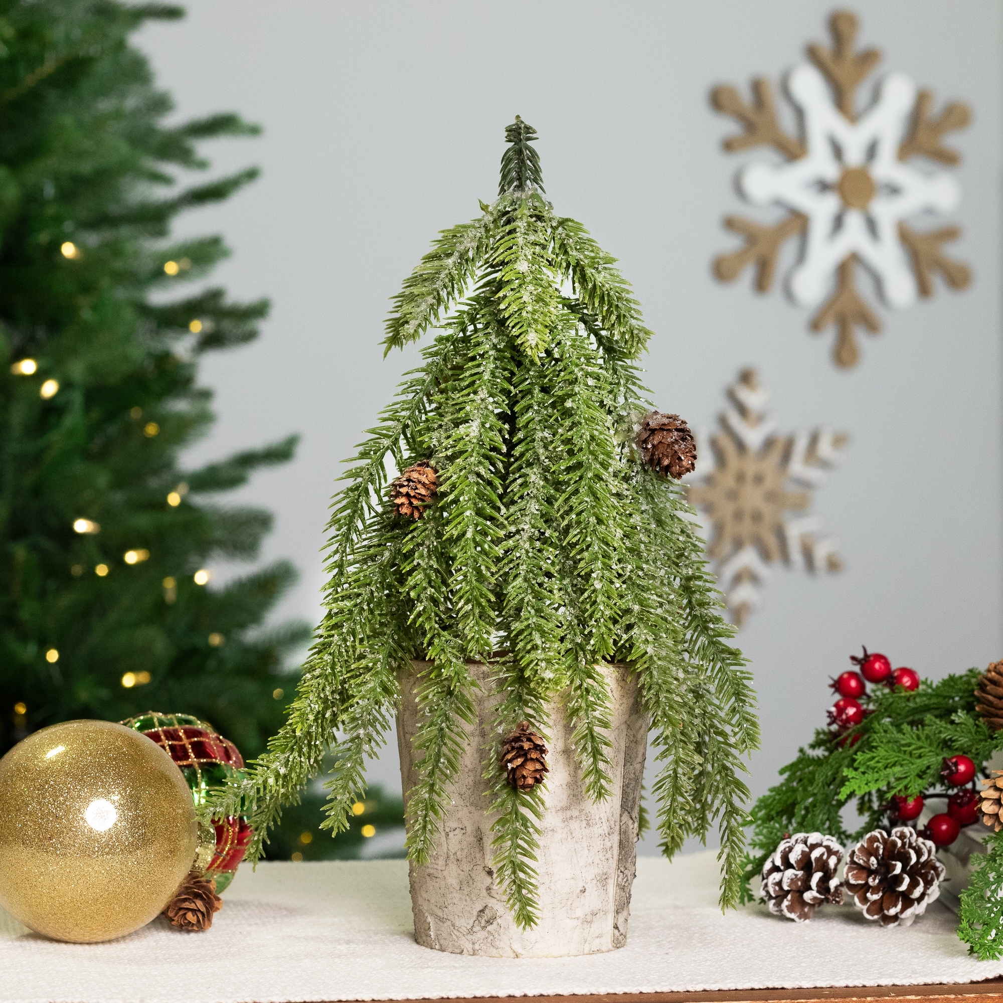 Icy Pine Mini Christmas Tree Pine Cones In Faux Birch Wood Pot 12"