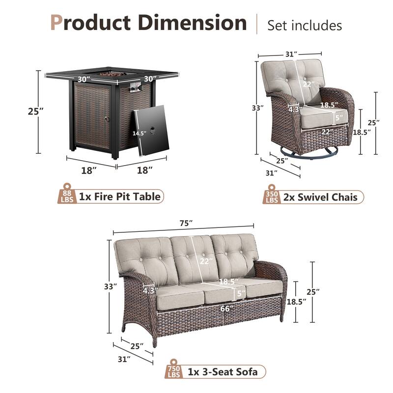 Pocassy Outdoor 30 In Fire Table with Sofa Patio Swivel Chair Set