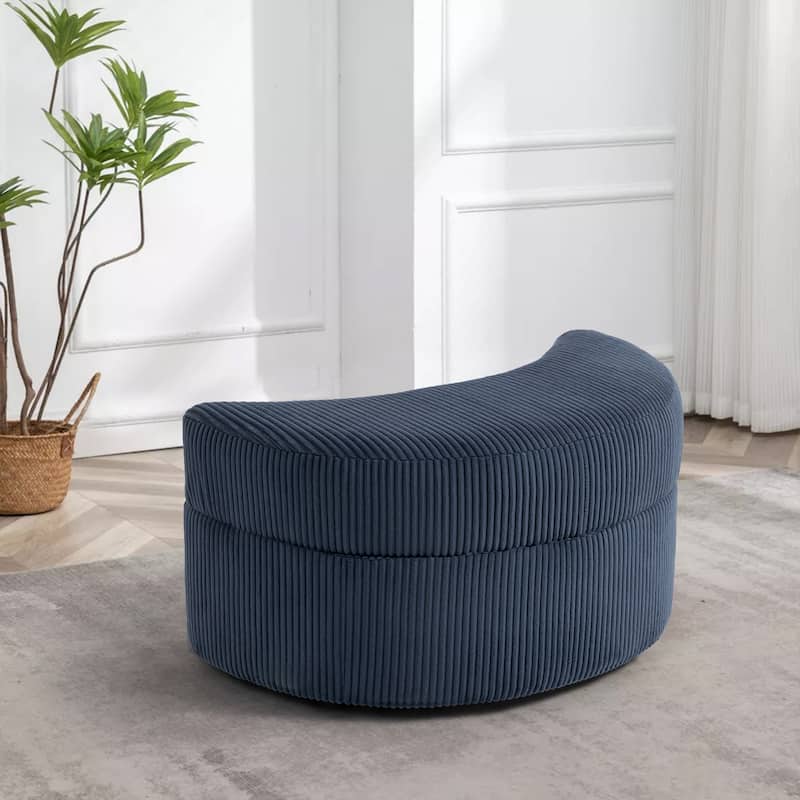 Upholstered Chenille Boucle Half Moon Storage Ottoman with Tray - Corduroy - Navy/Corduroy