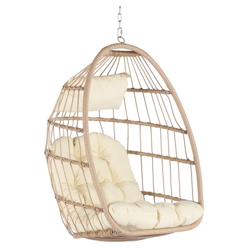 Rattan Egg Hanging Chair with UV-Resistant PE Wicker with Wood Frame and Waterproof Cushion