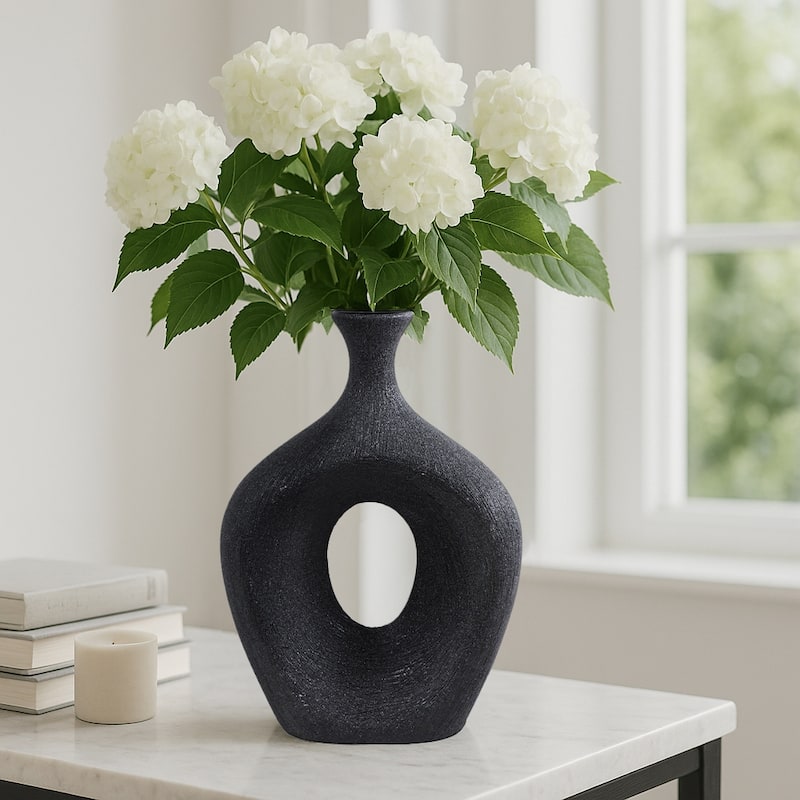 Modern Ceramic Textured Oval Cut-Out Vase - Home Decor - 13"