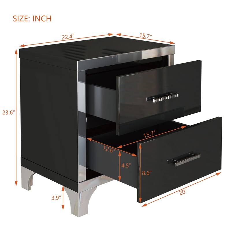 Mirrored Nightstand with 2 Drawers, Elegant High Gloss Bedside Table with Metal Handles and Legs for Bedroom, Living Room