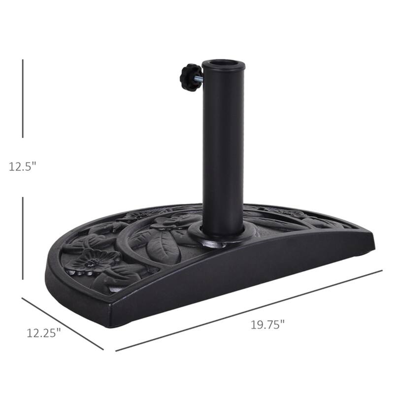 Half Umbrella Stand Black Resin Base with Steel Pole Decorative Flower Design Fits 1.5 and 1.9 Inch Poles