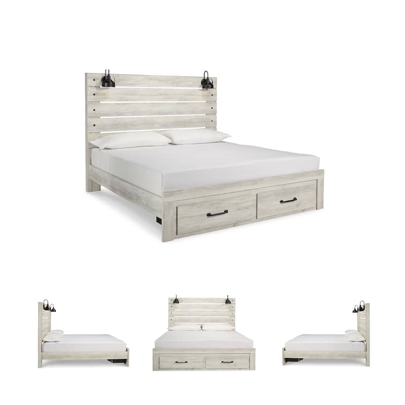 Cambeck Whitewashed Panel Bed w/ 2 Footboard Storage Drawers