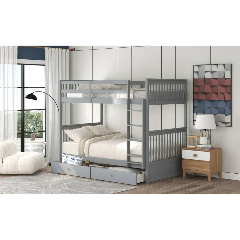 Twin-Over-Twin Bunk Bed with Storage Drawers, Pine Wood Frame, Safety Guardrail, Convertible Design