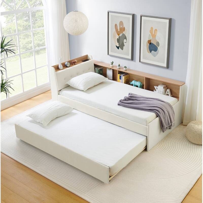 Twin Size Velvet Upholstered Daybed with Storage Headboard, LED and Wireless Charging - Optional Trundle Bed or Storage Drawers - BeigewithTrundle - Twin