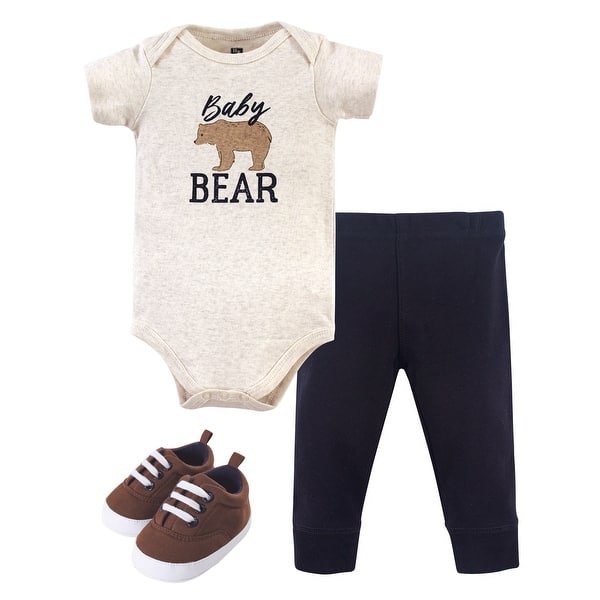 slide 1 of 1, Hudson Baby Infant Boy Cotton Bodysuit, Pant and Shoe 3pc Set, Baby Bear 0-3 Months - Baby Bear