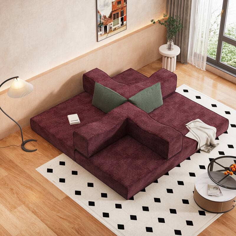 80" Convertible Sofa Bed with 2 Pillows, 2-Seat Folding Floor Couch, Multifunctional Chenille Loveseat Living Room Sleeper Sofa