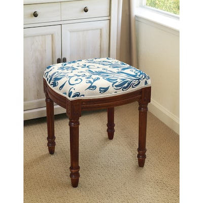 Navy Blue Tuscan Floral Vanity Stool with wood stained finish