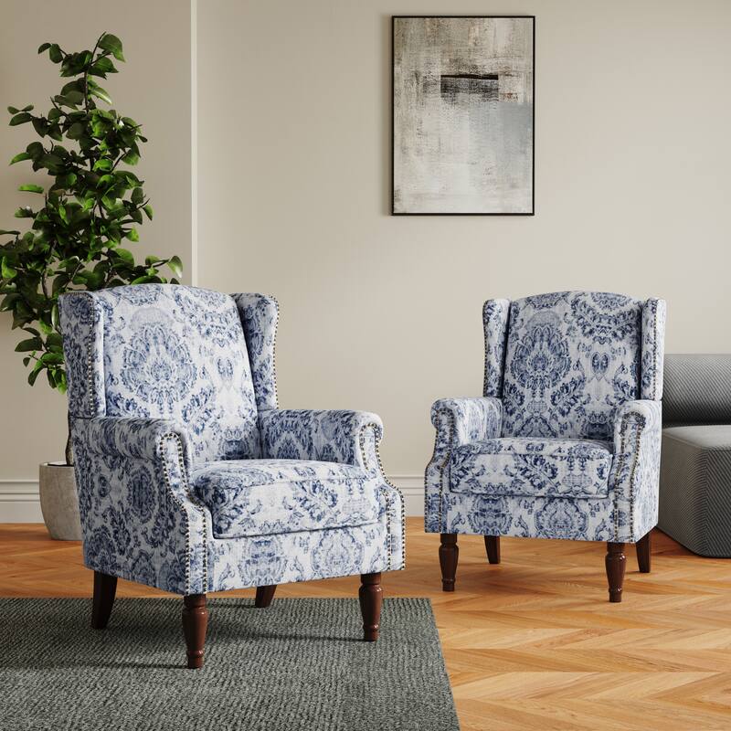 Set of 2 Patterned Upholstered Accent Chair for Living Room - NAVY