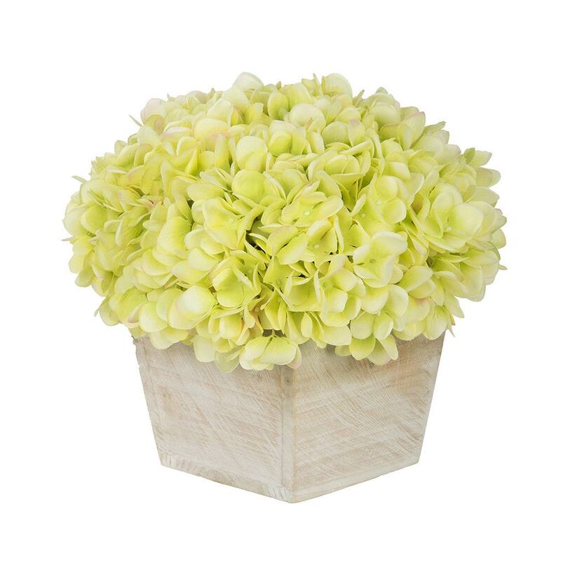 Faux Hydrangea in White Washed Wood Cube Planter - Green