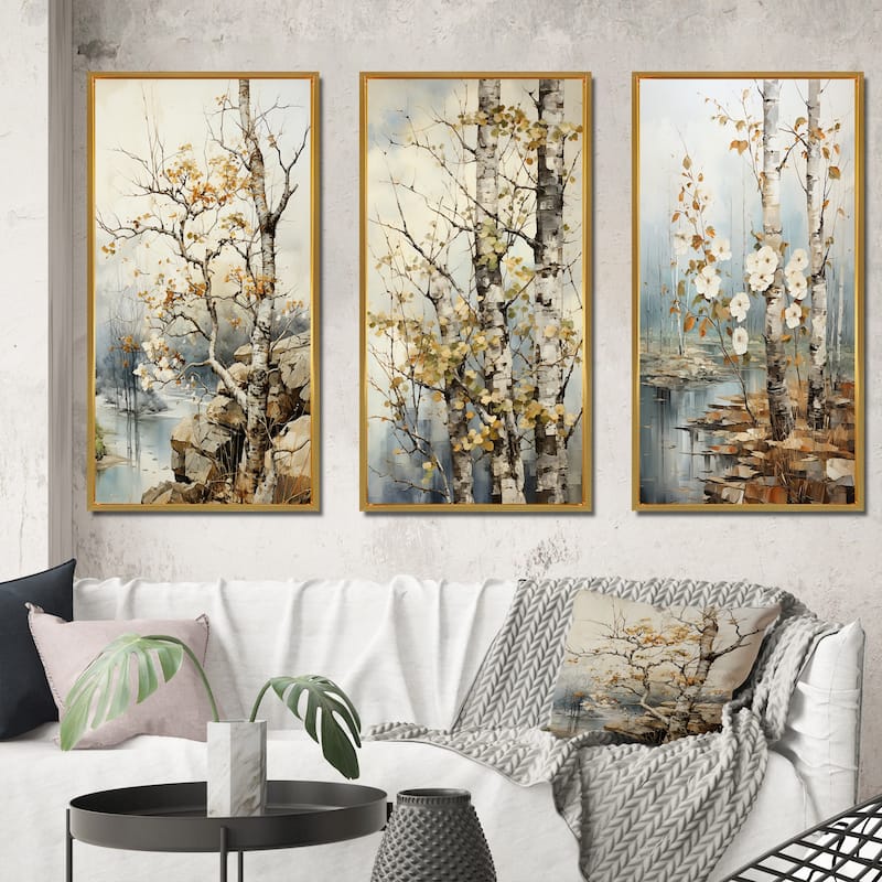 Designart "Beige Grey Tree Sycamore Symphony" Floral Framed Wall Art Set Of 3 Frame Canvas Set For Living Room Decor - 50 in. wide x 32 in. high - 3 Panels - Gold