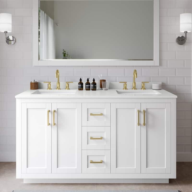 Wyndham Collection WCF292960D-QTZ-US3MXX Miranda 60" Free Standing - White / White Quartz Top / Brushed Gold Hardware