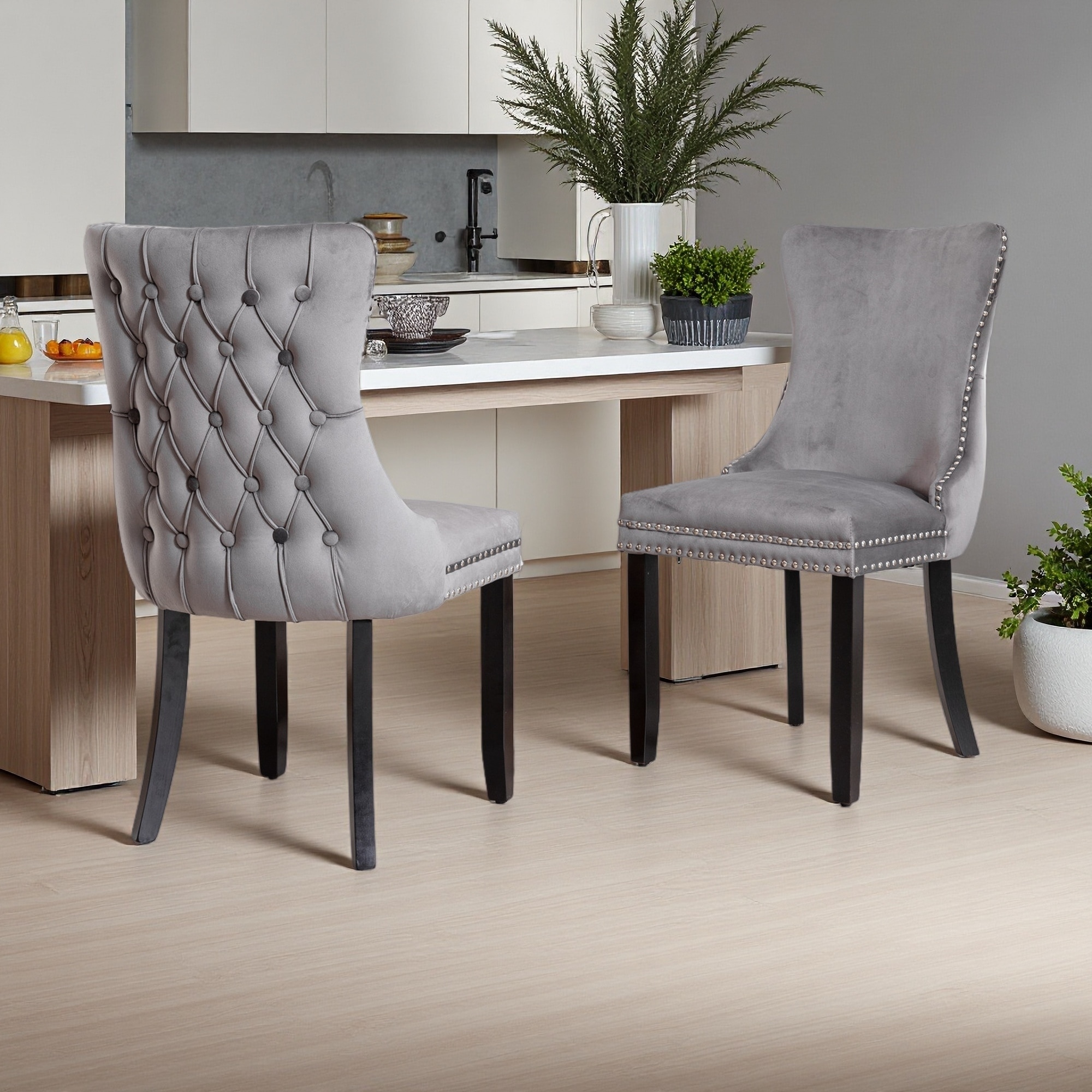 37.4"H Set of 2 Upholstered Wing-Back Dining Chairs with Nailhead Trim, High Backrest & Wood Legs -High-Density Foam Cushion